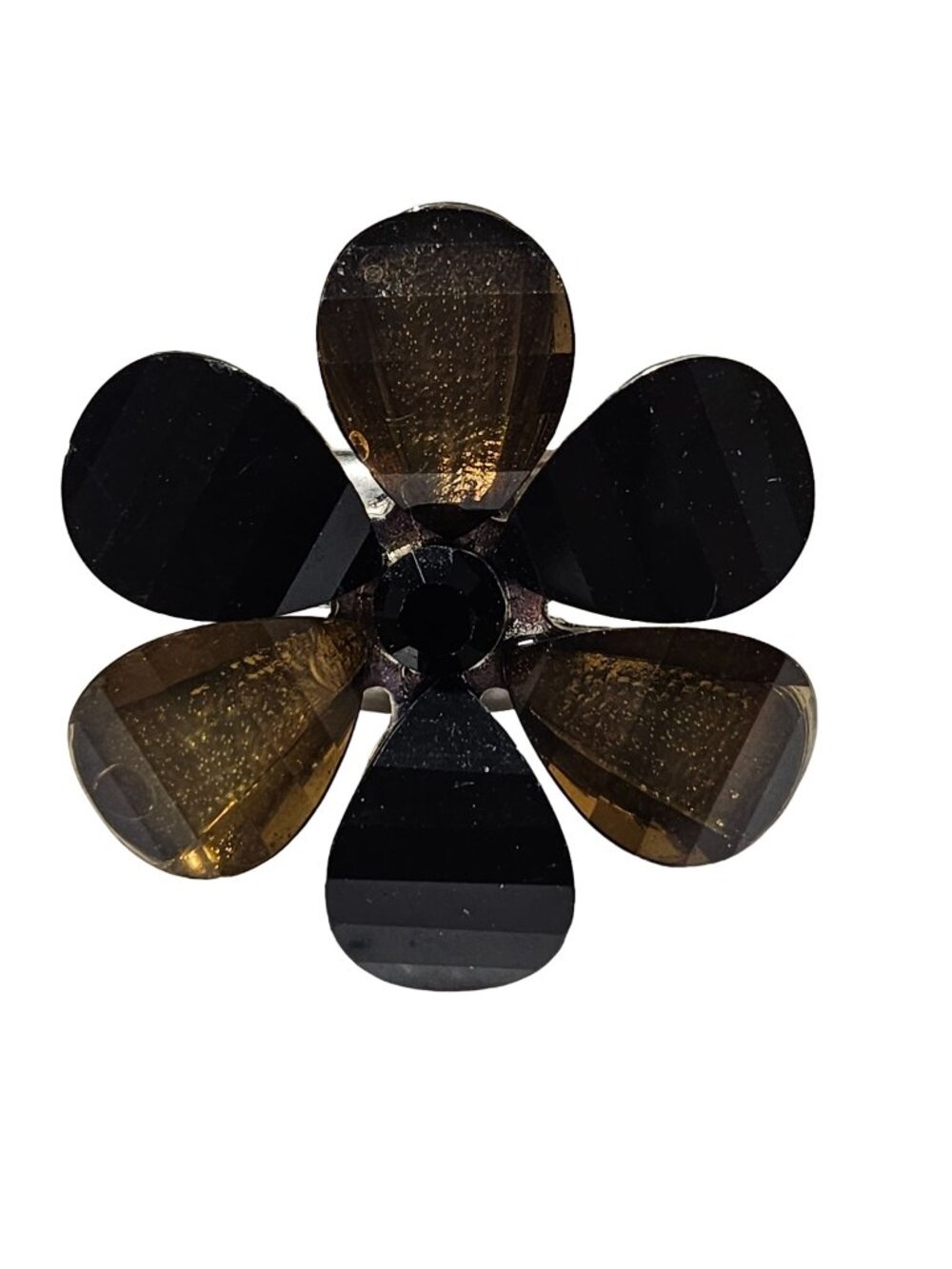 Y2K Flower Cocktail Ring Chunky Faceted Black Smoky Brown Acrylic Glam Stretch
